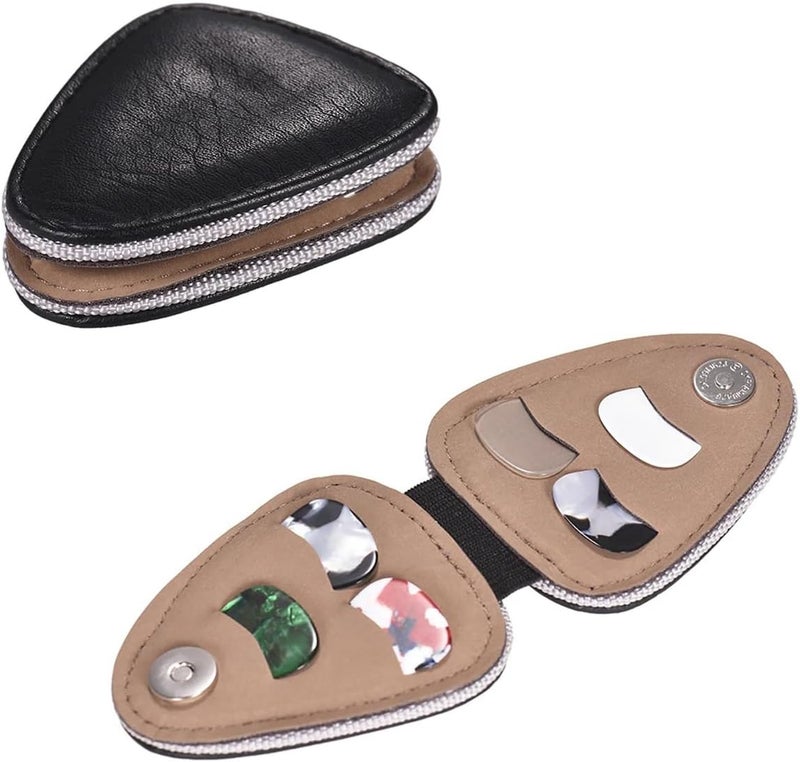 RockCheems Guitar Pick Holder Case, PU Leather Guitar Pick Bag, with 6 pcs Celluloid and 6 pcs Metal Guitar Picks - Image 1